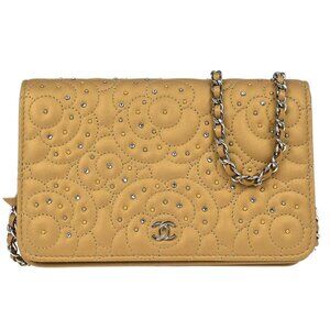 Chanel Beige Lambskin Rhinestone Camellia WOC Shoulder Wallet Bag 185633